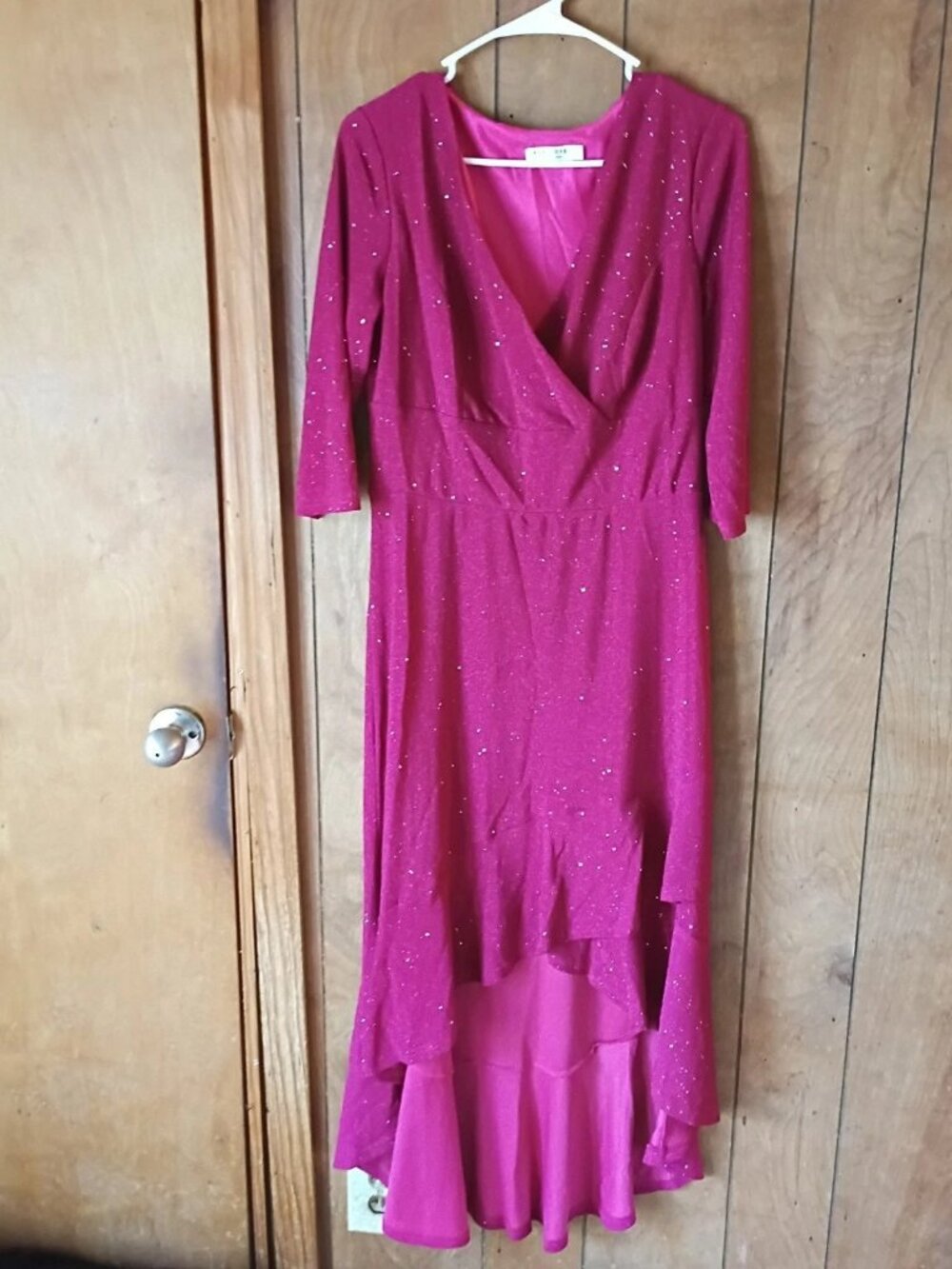 BerryLove Womens Red Sparkly Hi Low Dress Size L Wrap V Neck Party Evening
